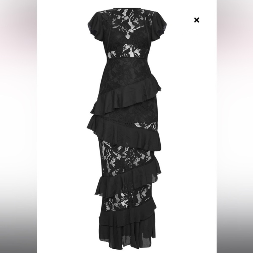 PrettyLittleThing Black Lace Maxi Dress with Ruffles - Picture 2 of 5